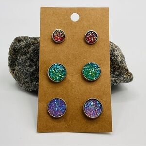 Earrings Druzy Gem 3 Pairs Handmade Faux Resin Stainless Steel Blue Pink Anime